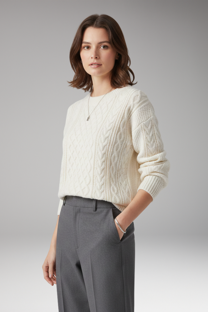 Women's Sweater with Round Neck and Cable Knit Texture
