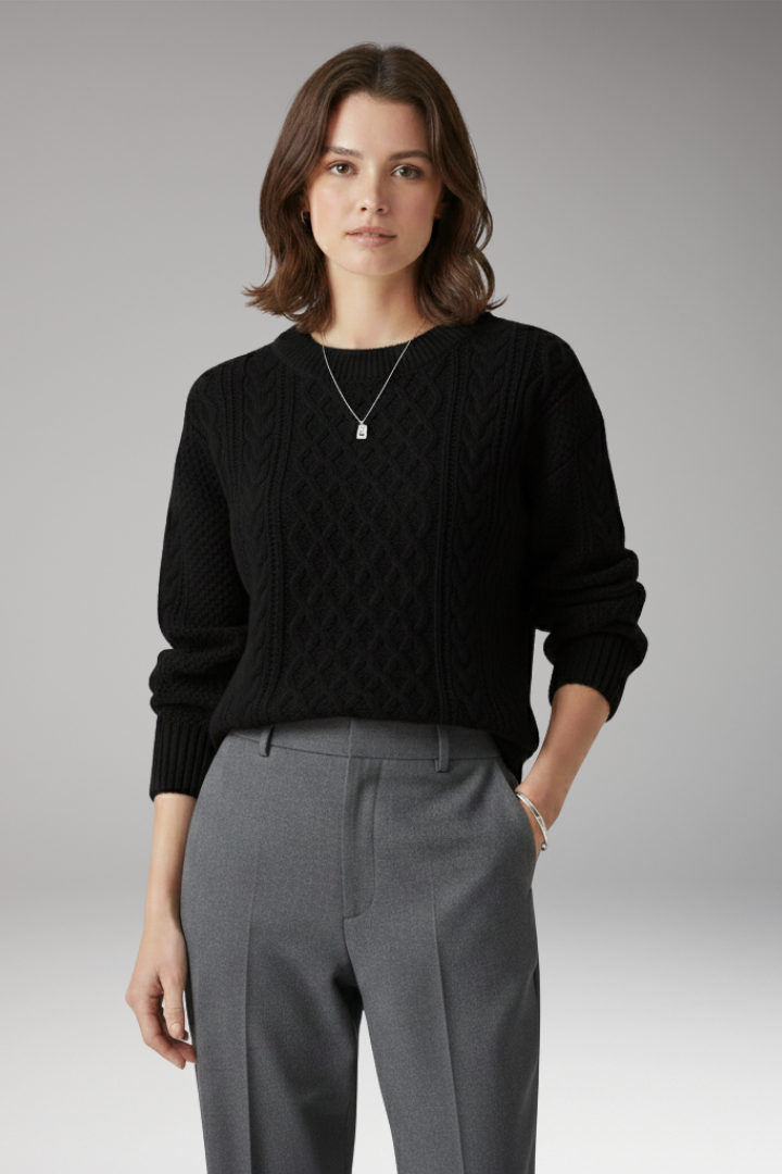 Women's Sweater with Round Neck and Cable Knit Texture