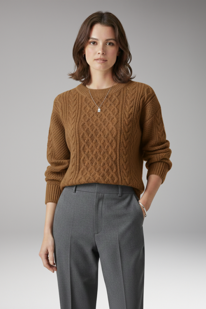 Women's Sweater with Round Neck and Cable Knit Texture