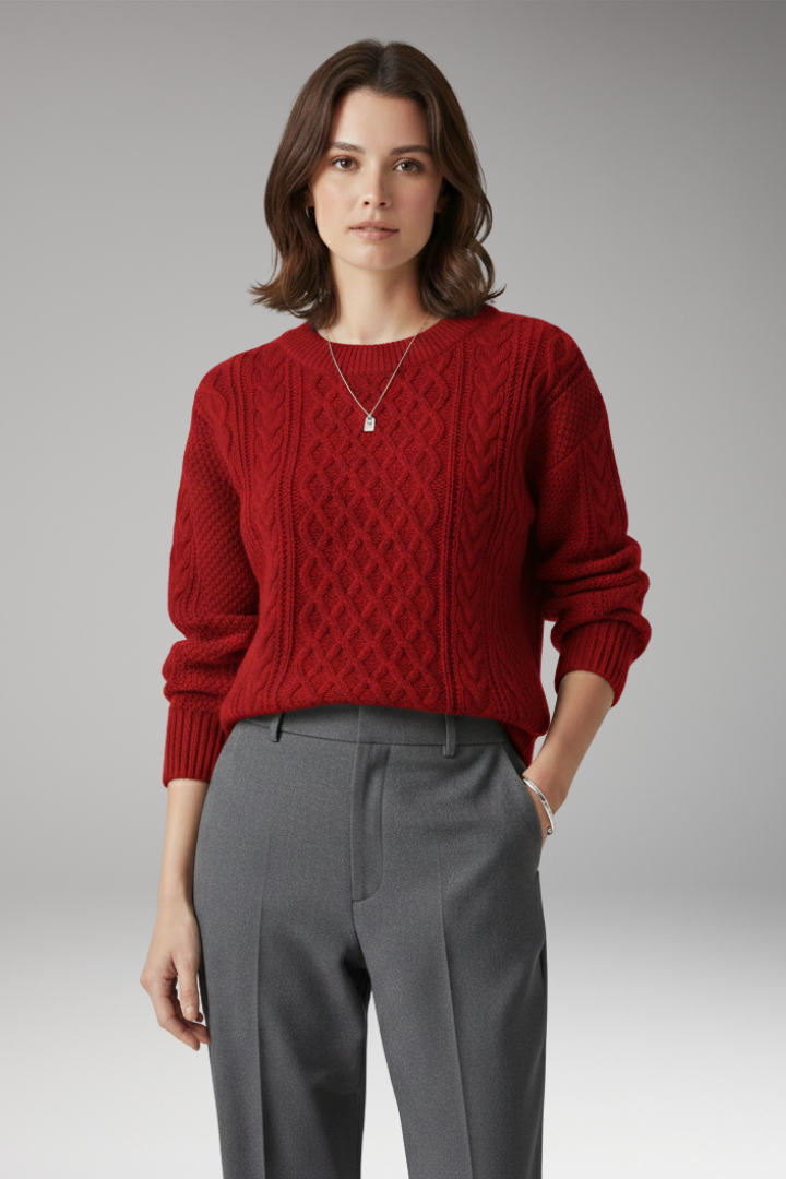 Women's Sweater with Round Neck and Cable Knit Texture