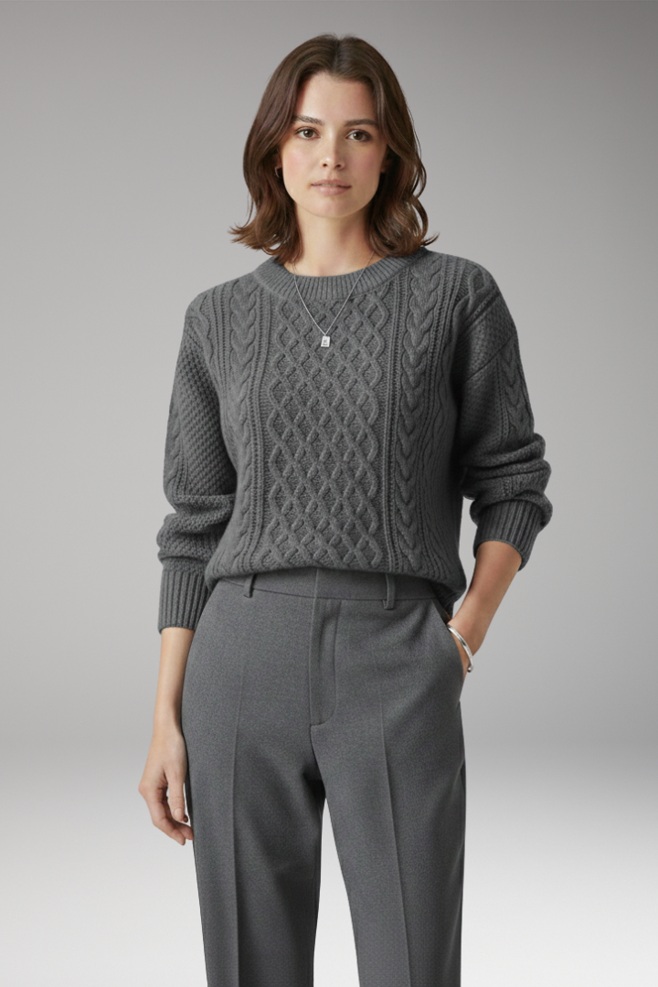 Women's Sweater with Round Neck and Cable Knit Texture