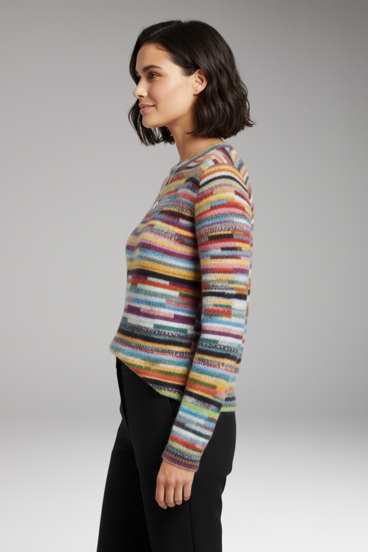 Women's Sweater with Round Neckline and Striped Surface