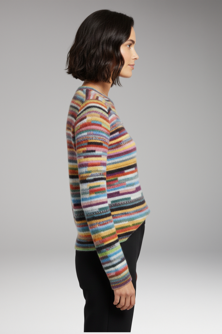 Women's Sweater with Round Neckline and Striped Surface