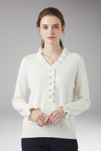 Women's Sweater with Ruffled Collar and Decorative Buttons