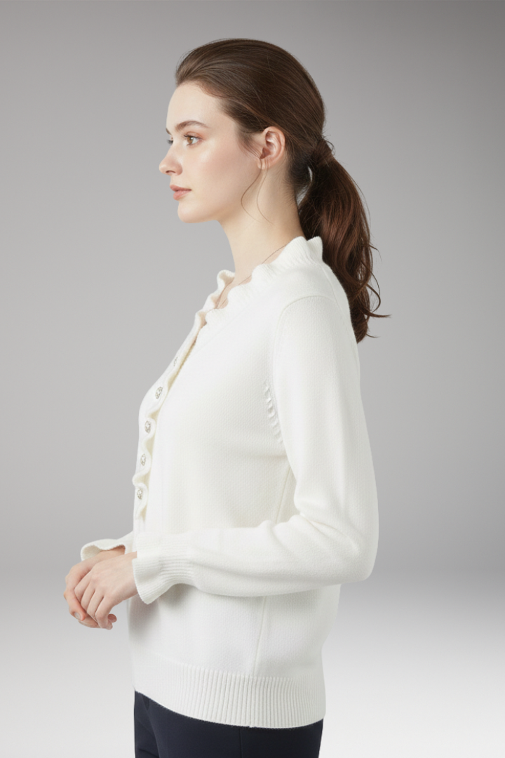 Women's Sweater with Ruffled Collar and Decorative Buttons