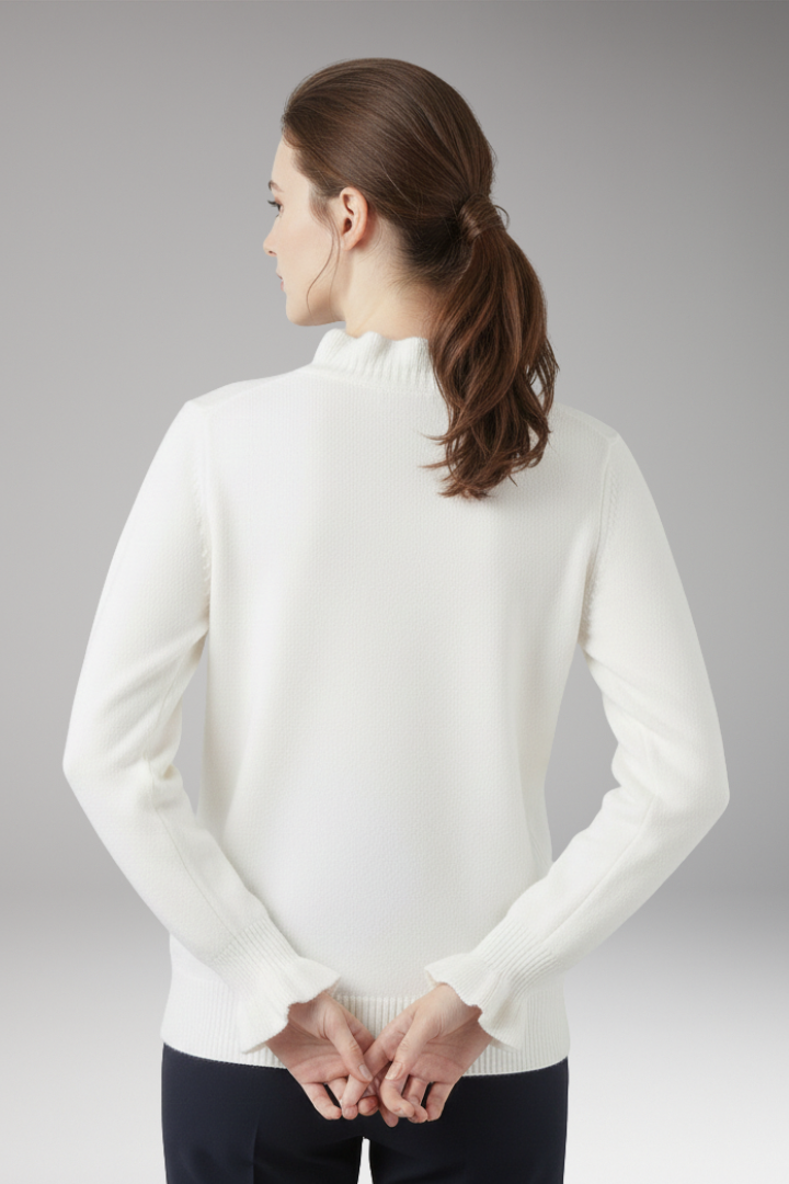 Women's Sweater with Ruffled Collar and Decorative Buttons