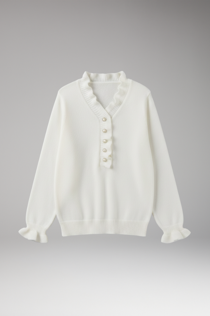 Women's Sweater with Ruffled Collar and Decorative Buttons