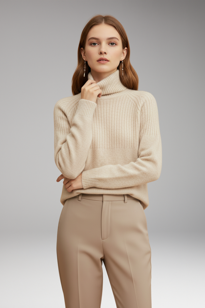 Women's Sweater with Turtleneck and Ribbed Upper