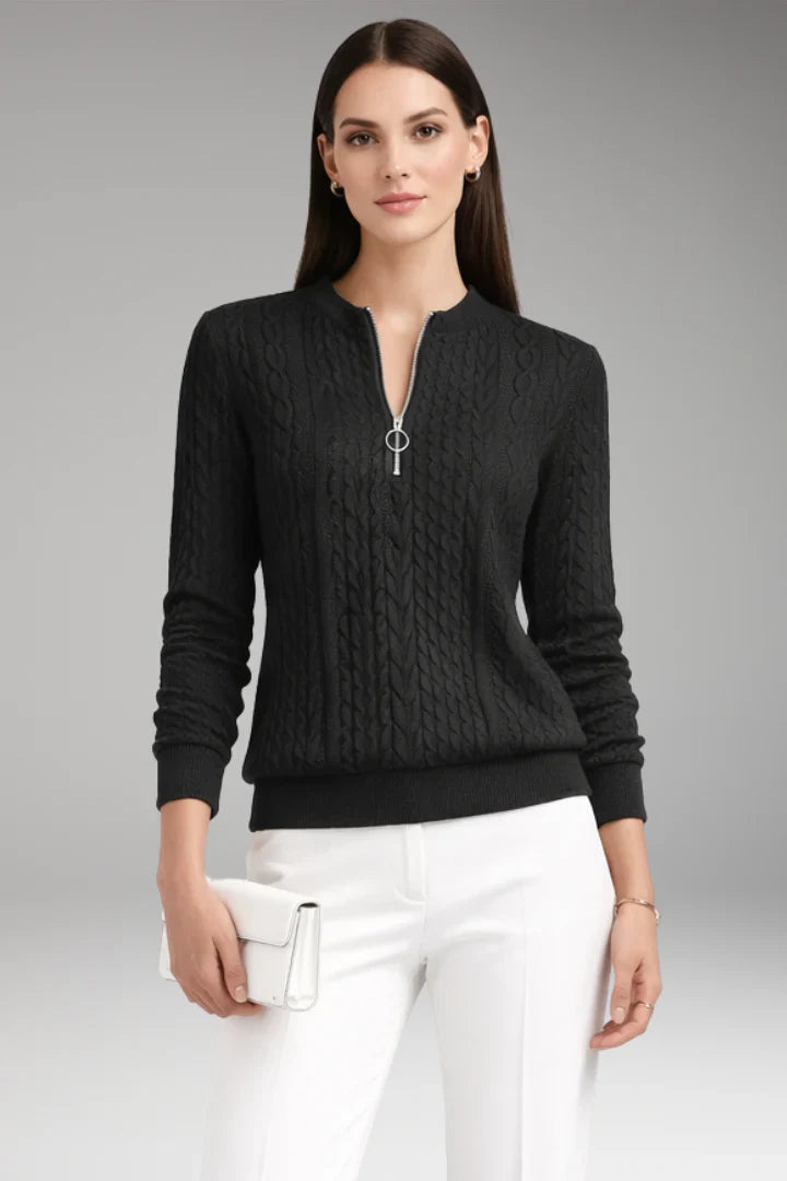 Women's Sweater with Zip Neck and Cable Texture