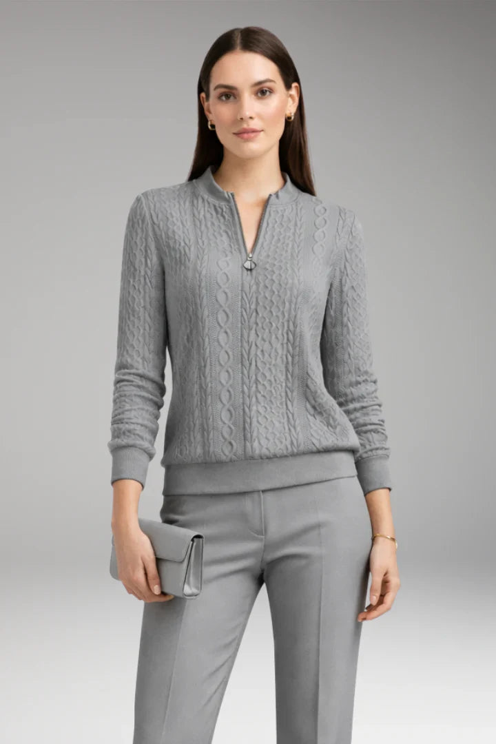 Women's Sweater with Zip Neck and Cable Texture