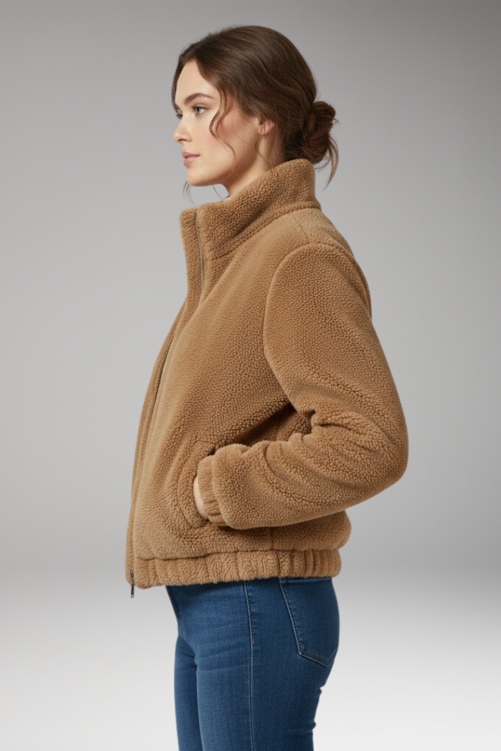 Women's Teddy Bomber Jacket with Front Zipper