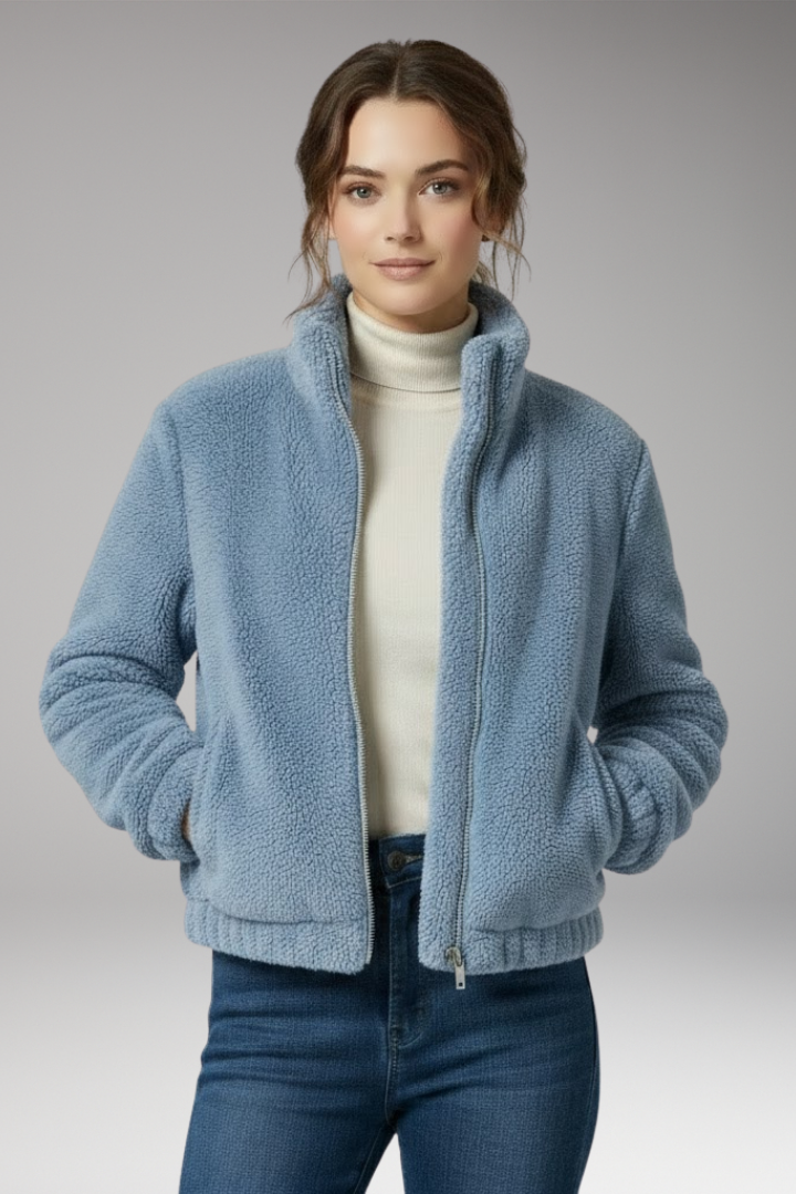 Women's Teddy Bomber Jacket with Front Zipper