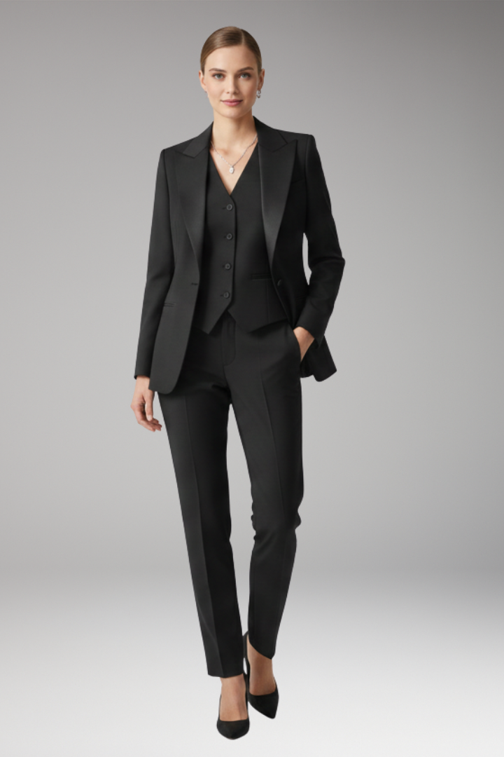 Women's Three Piece Suit Set with Notched Jacket and Straight Trousers