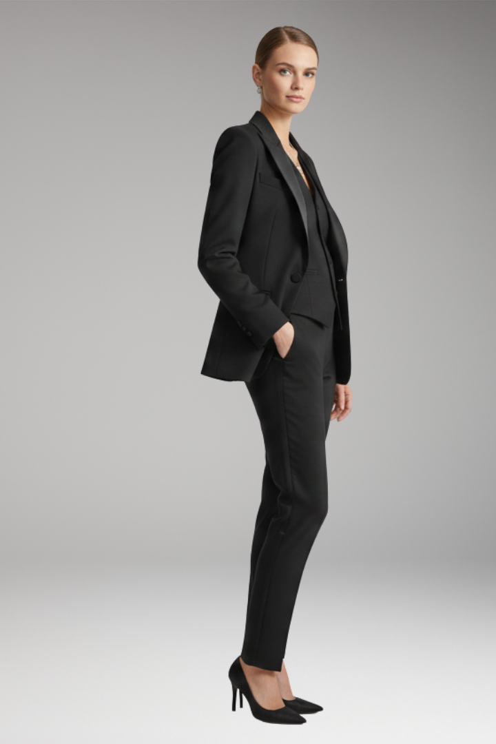Women's Three Piece Suit Set with Notched Jacket and Straight Trousers