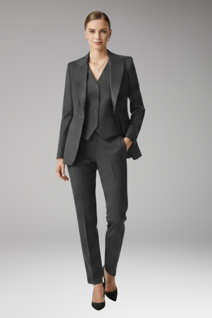 Women's Three Piece Suit Set with Notched Jacket and Straight Trousers