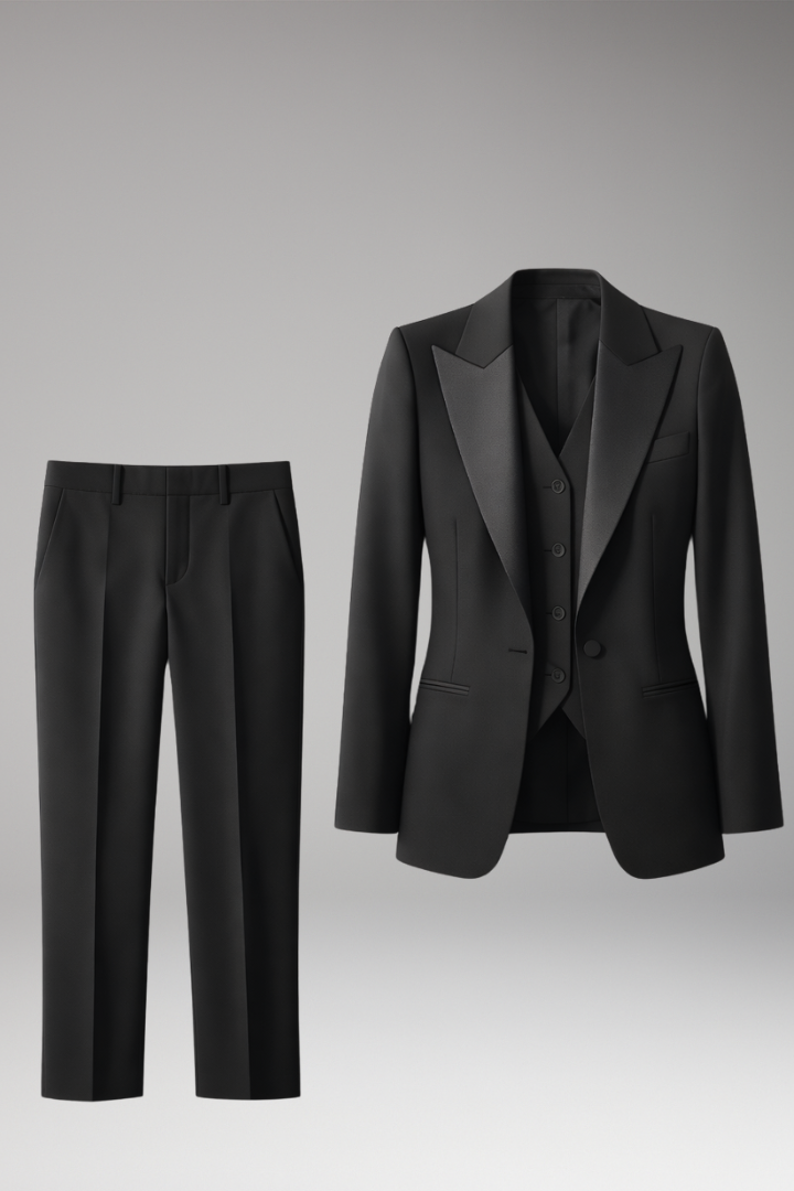 Women's Three Piece Suit Set with Notched Jacket and Straight Trousers