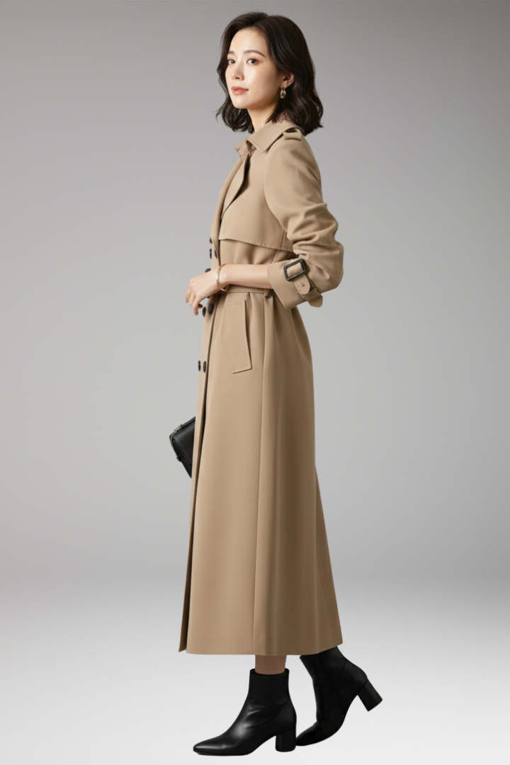 Women's Trench Coat with Adjustable Waist and Full-Length Design