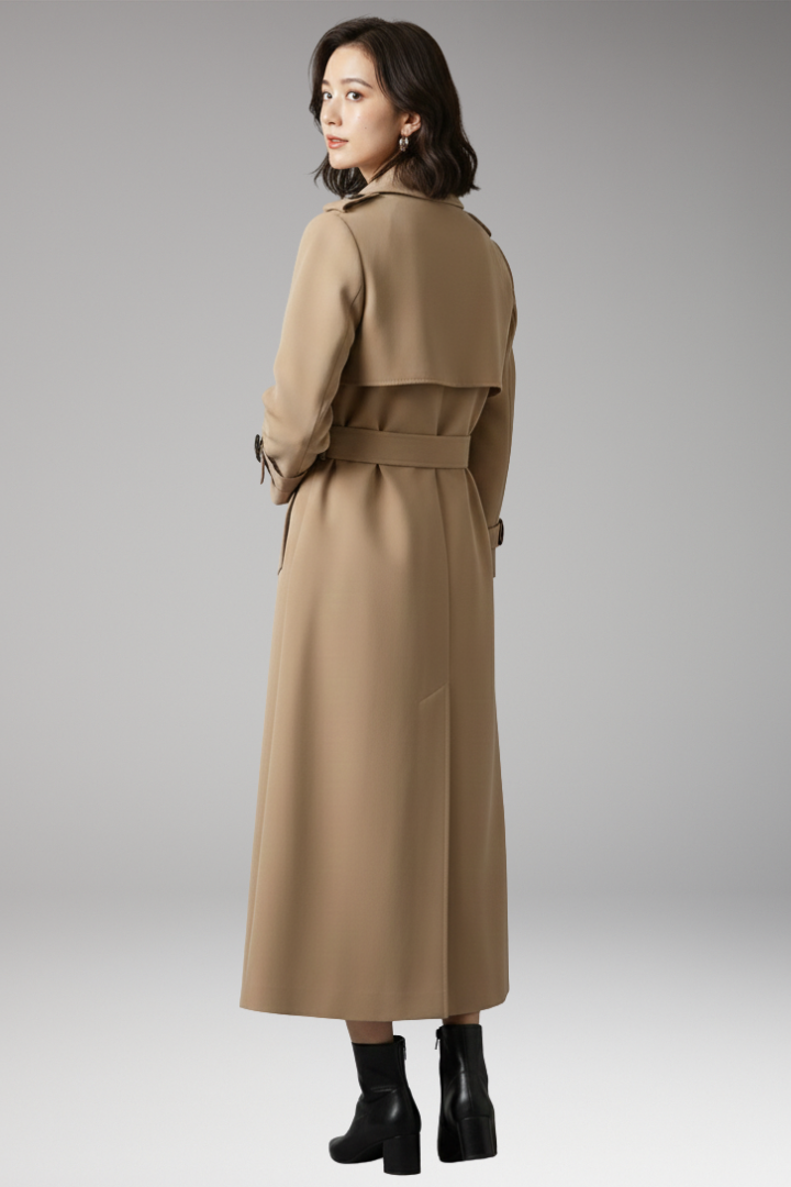 Women's Trench Coat with Adjustable Waist and Full-Length Design