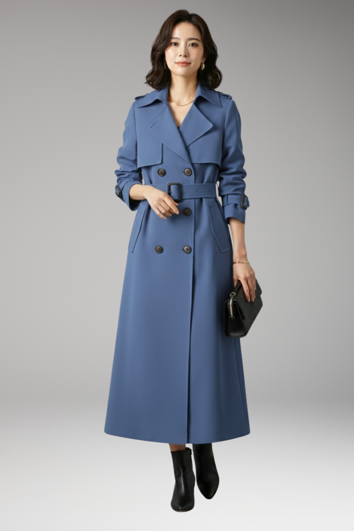 Women's Trench Coat with Adjustable Waist and Full-Length Design