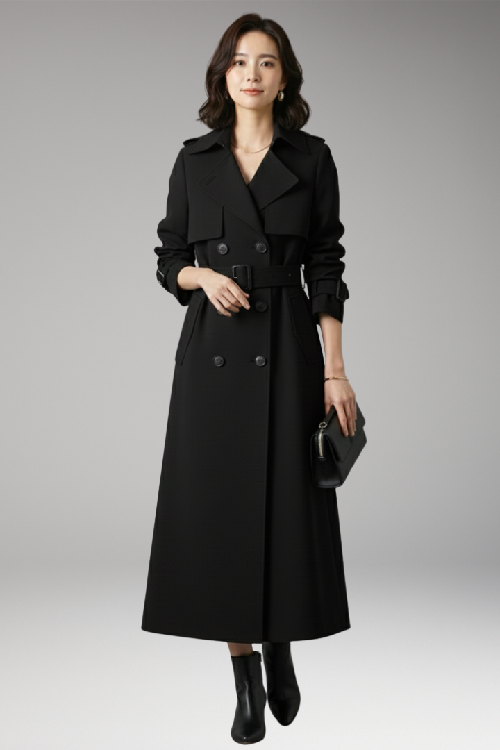 Women's Trench Coat with Adjustable Waist and Full-Length Design
