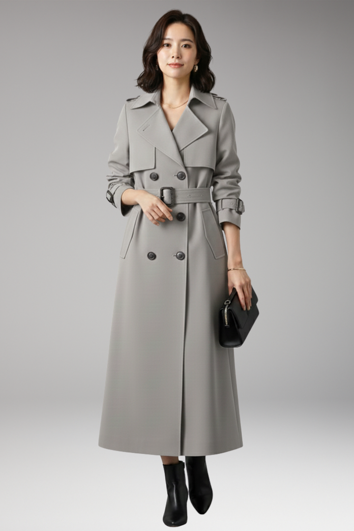 Women's Trench Coat with Adjustable Waist and Full-Length Design