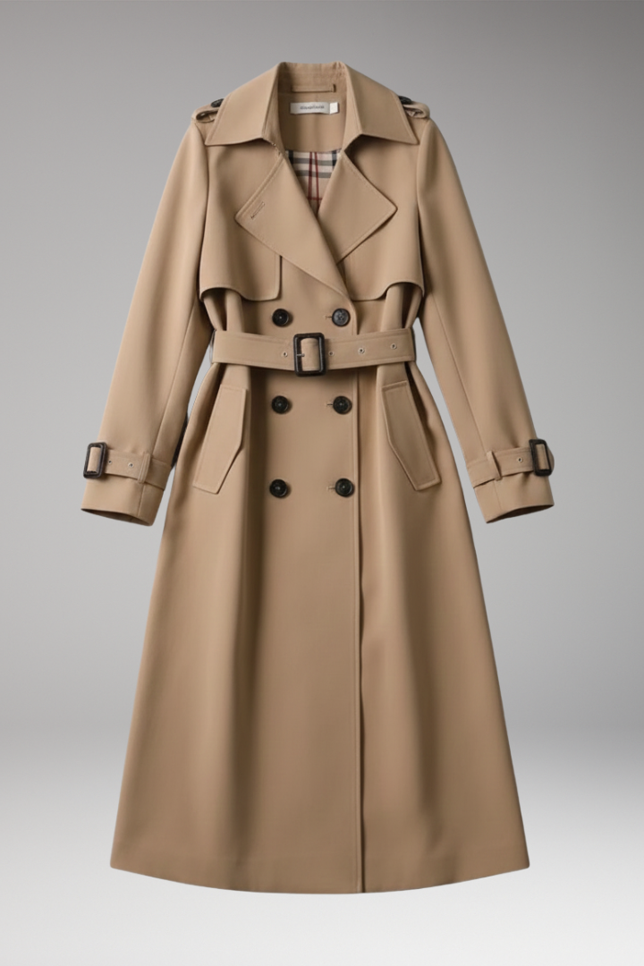 Women's Trench Coat with Adjustable Waist and Full-Length Design
