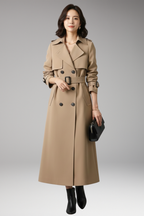 Women's Trench Coat with Adjustable Waist and Full-Length Design