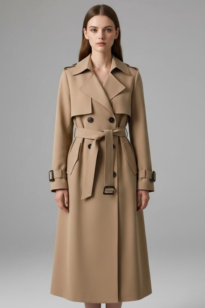 Women's Trench Coat with Belt and Front Button Closure