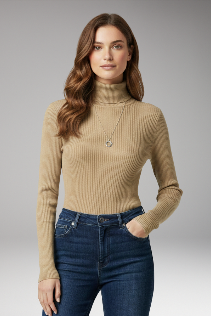 Women's Turtleneck Sweater with Ribbed Texture