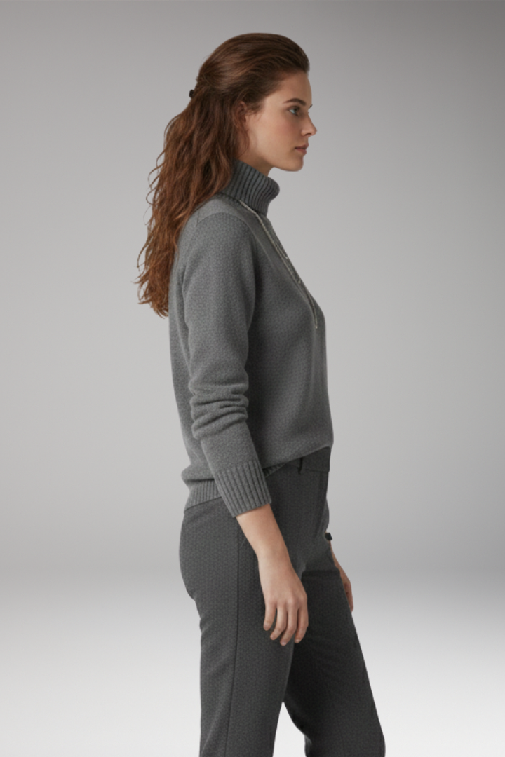 Women's Turtleneck Sweater with Ribbed Texture and Long Sleeves
