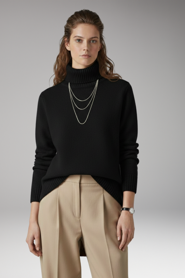 Women's Turtleneck Sweater with Ribbed Texture and Long Sleeves