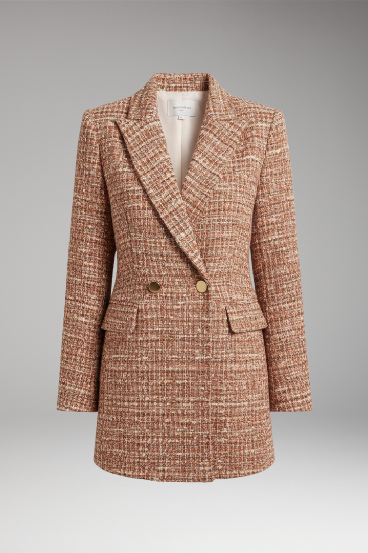 Women's Tweed Blazer with Button Closure and Woven Surface