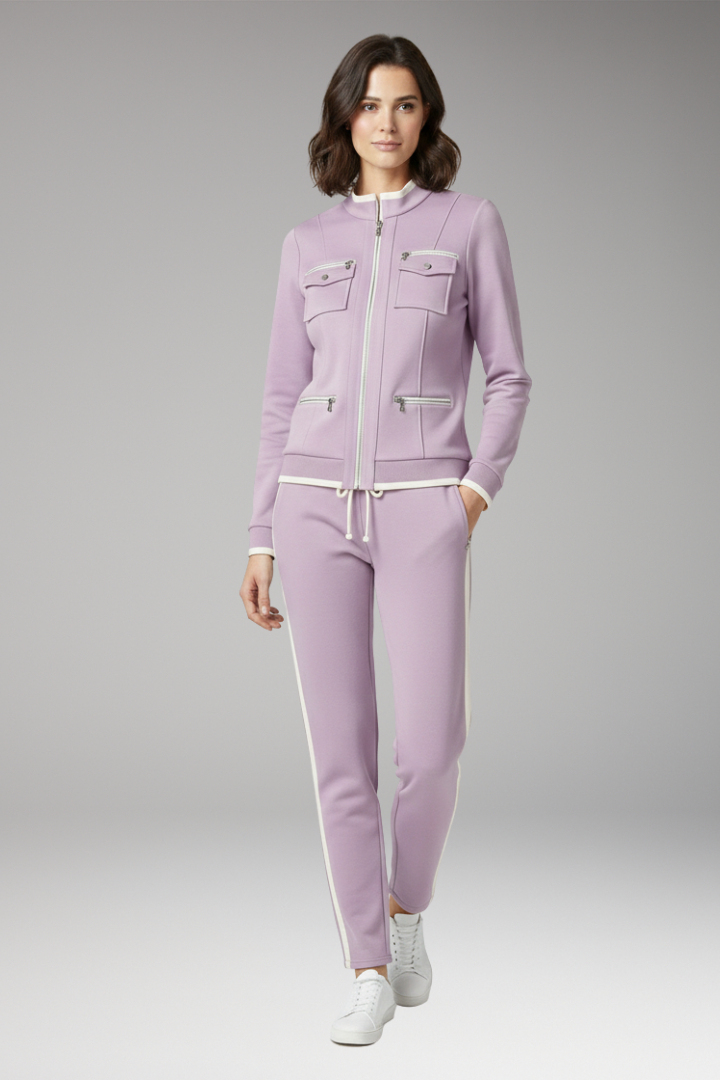 Women's Two-Piece Lounge Set with Zip Top and Contrast Trim