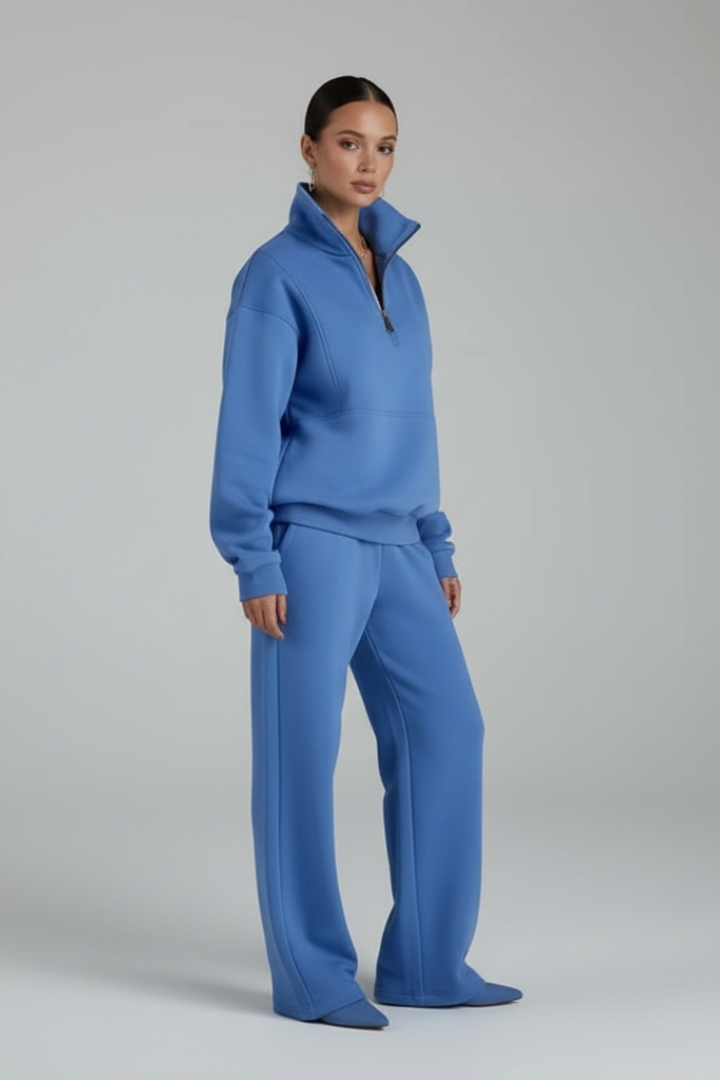 Women's Two-Piece Set with Half-Zip Top and Straight-Leg Trousers
