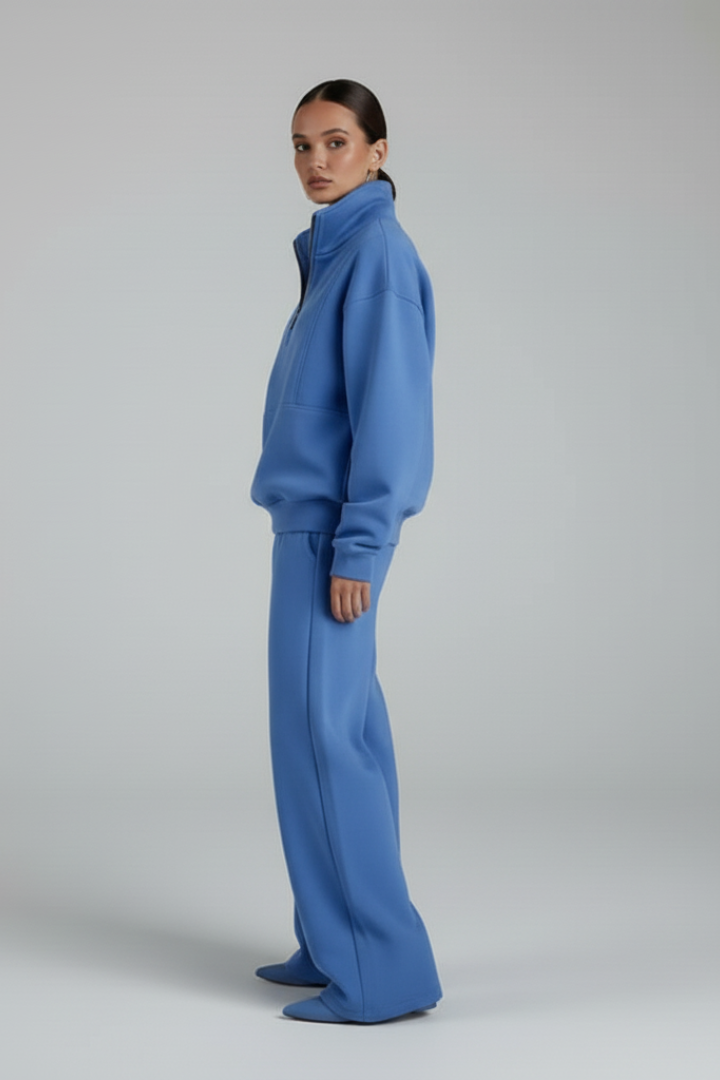 Women's Two-Piece Set with Half-Zip Top and Straight-Leg Trousers