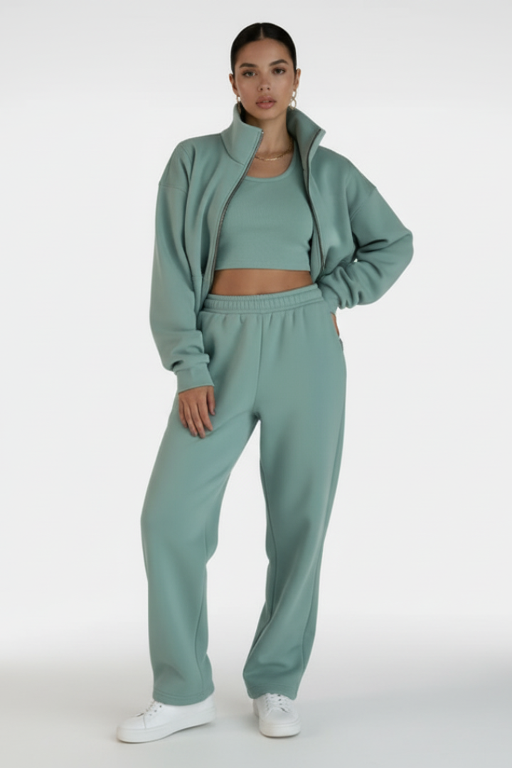 Women's Two-Piece Set with Half-Zip Top and Straight-Leg Trousers