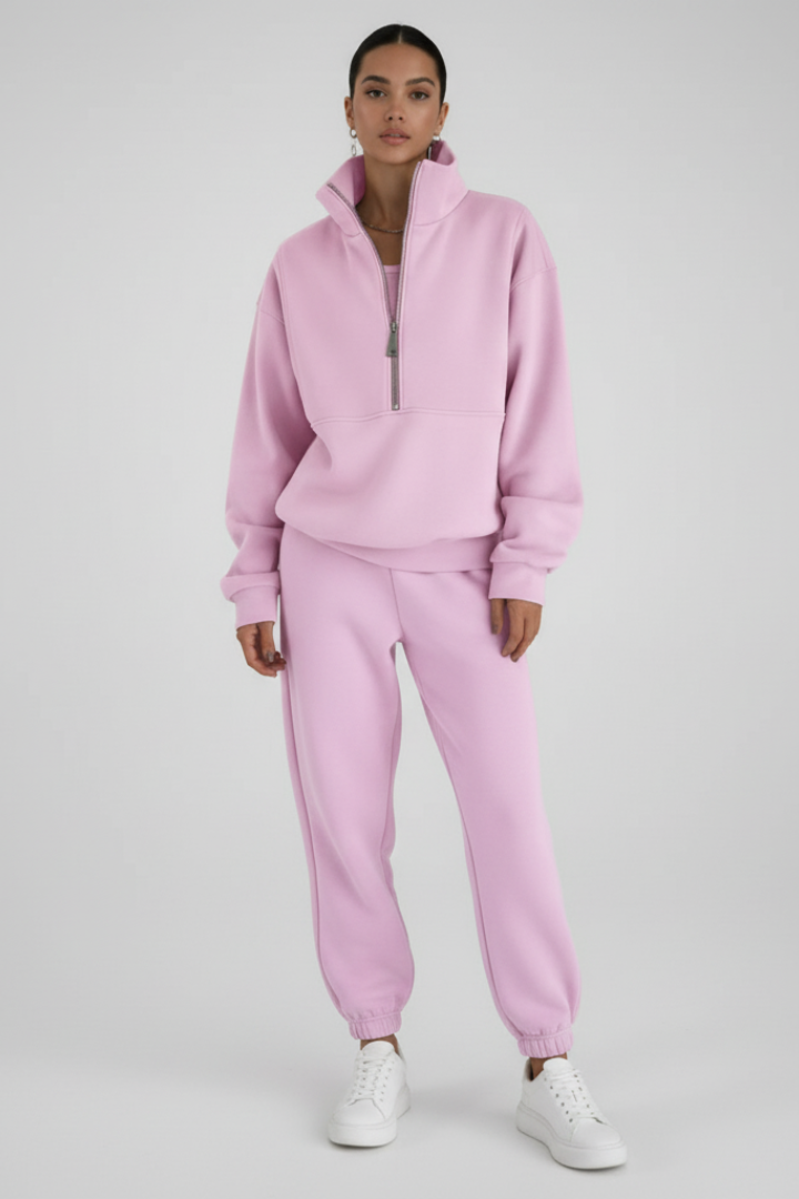 Women's Two-Piece Set with Half-Zip Top and Straight-Leg Trousers