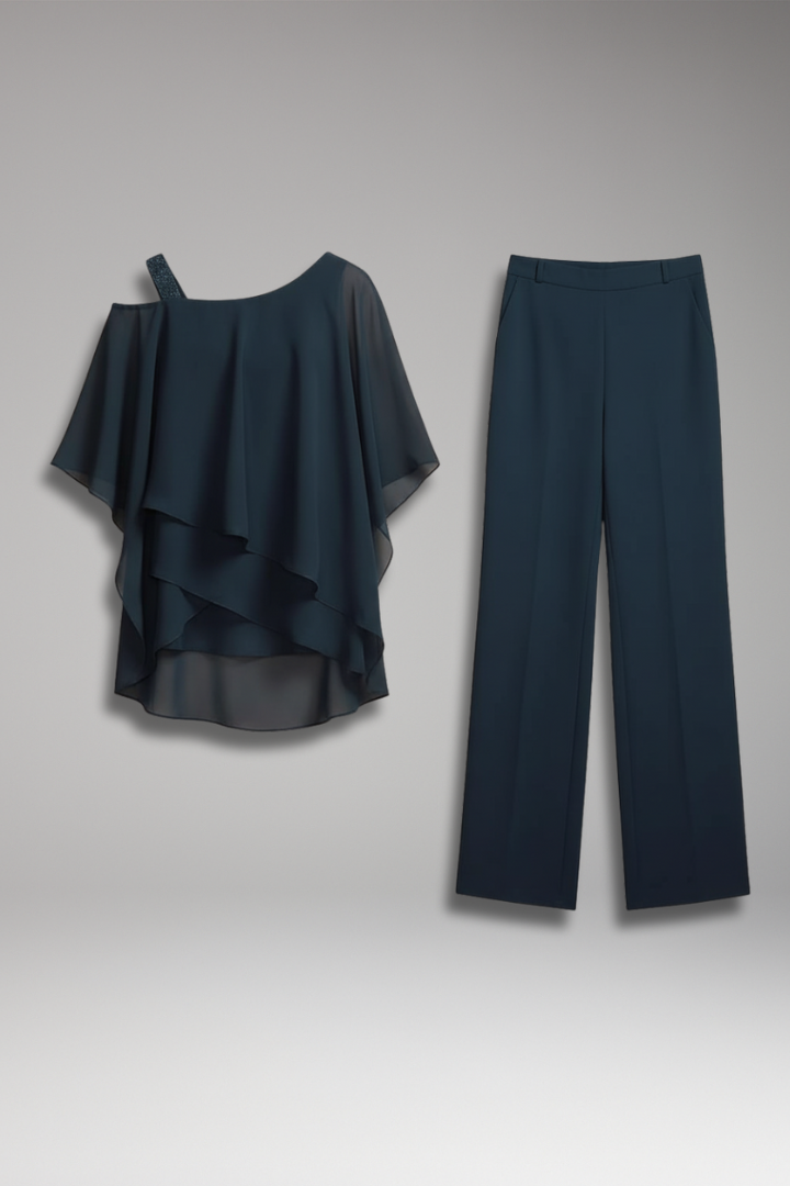 Women's Two-Piece Set with Layered Top and Wide-Leg Pants