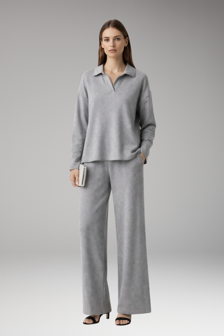 Women's Two-Piece Set with Polo Collar Top and Wide-Leg Pants