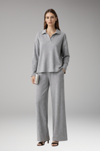 Women's Two-Piece Set with Polo Collar Top and Wide-Leg Pants