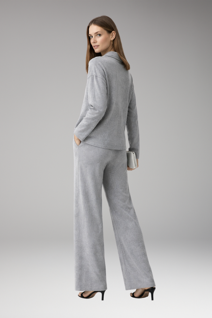 Women's Two-Piece Set with Polo Collar Top and Wide-Leg Pants