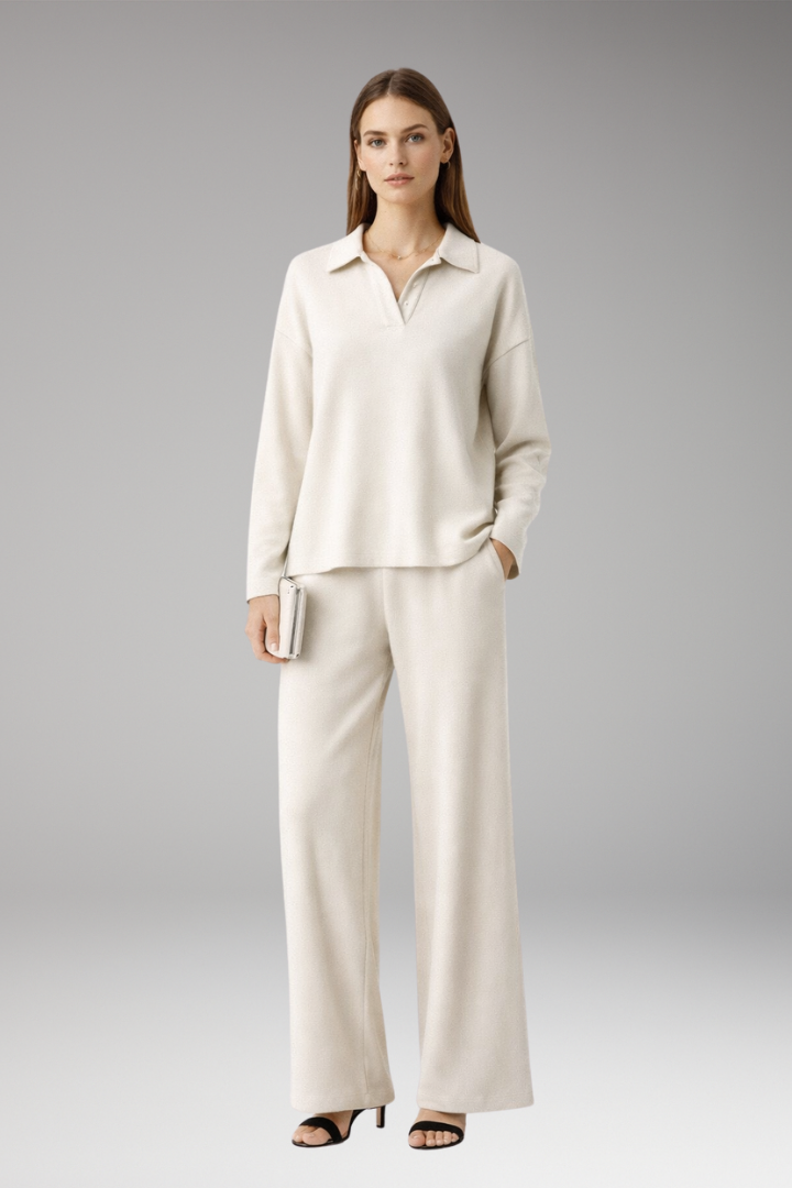 Women's Two-Piece Set with Polo Collar Top and Wide-Leg Pants