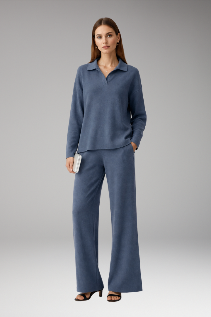 Women's Two-Piece Set with Polo Collar Top and Wide-Leg Pants