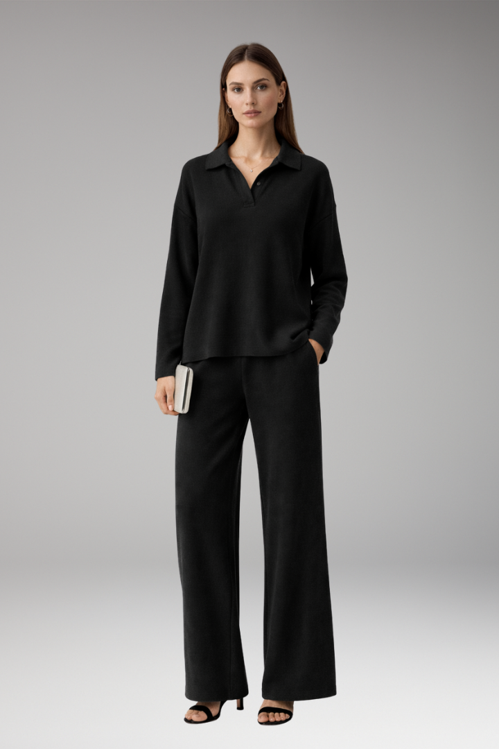 Women's Two-Piece Set with Polo Collar Top and Wide-Leg Pants
