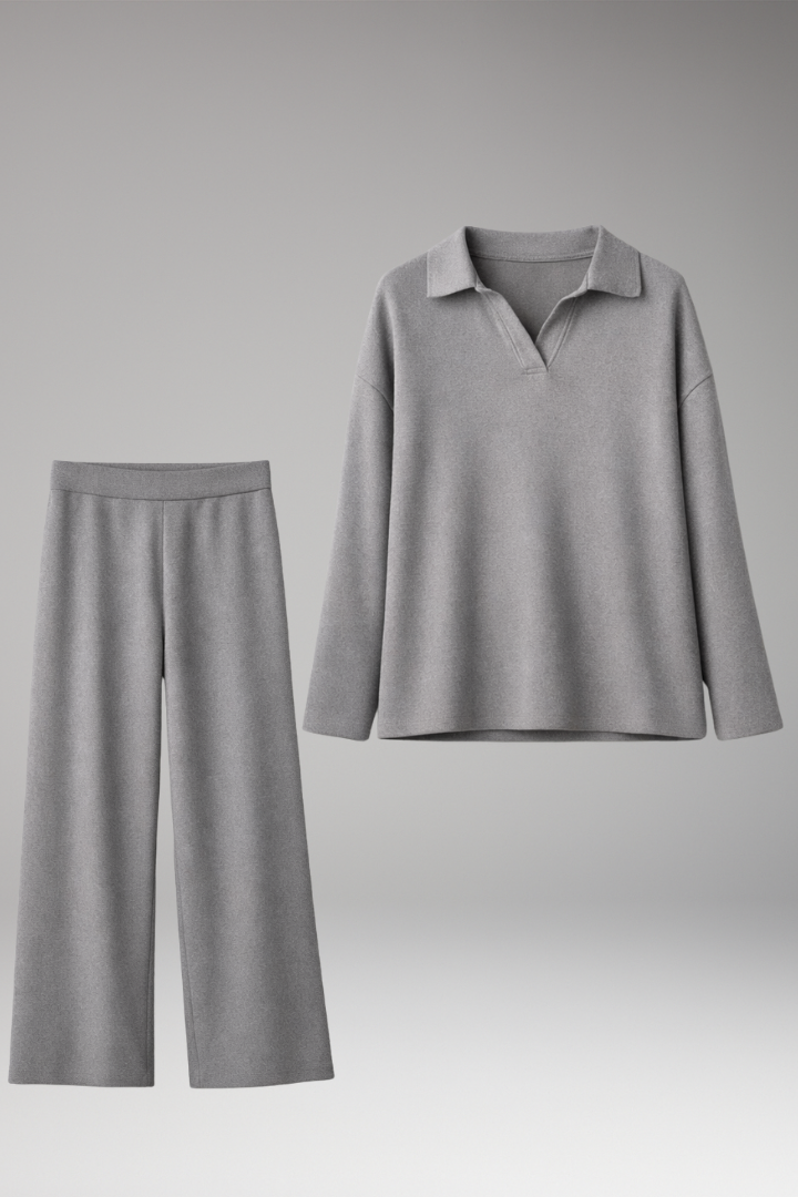 Women's Two-Piece Set with Polo Collar Top and Wide-Leg Pants