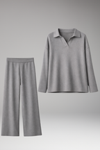 Women's Two-Piece Set with Polo Collar Top and Wide-Leg Pants