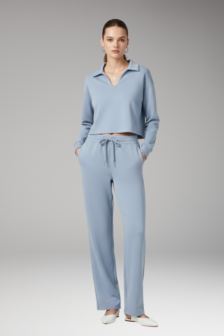 Women's Two-Piece Set with V-Neck Top and Straight-Leg Pants
