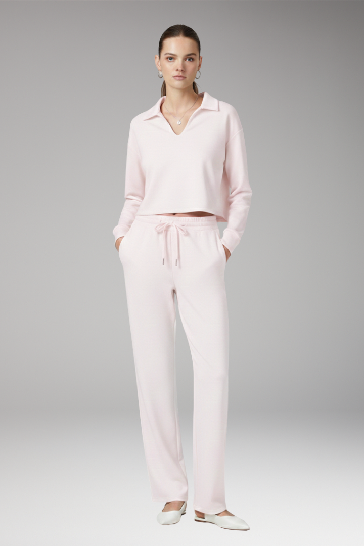 Women's Two-Piece Set with V-Neck Top and Straight-Leg Pants