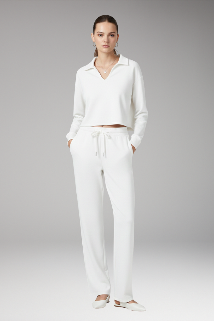 Women's Two-Piece Set with V-Neck Top and Straight-Leg Pants