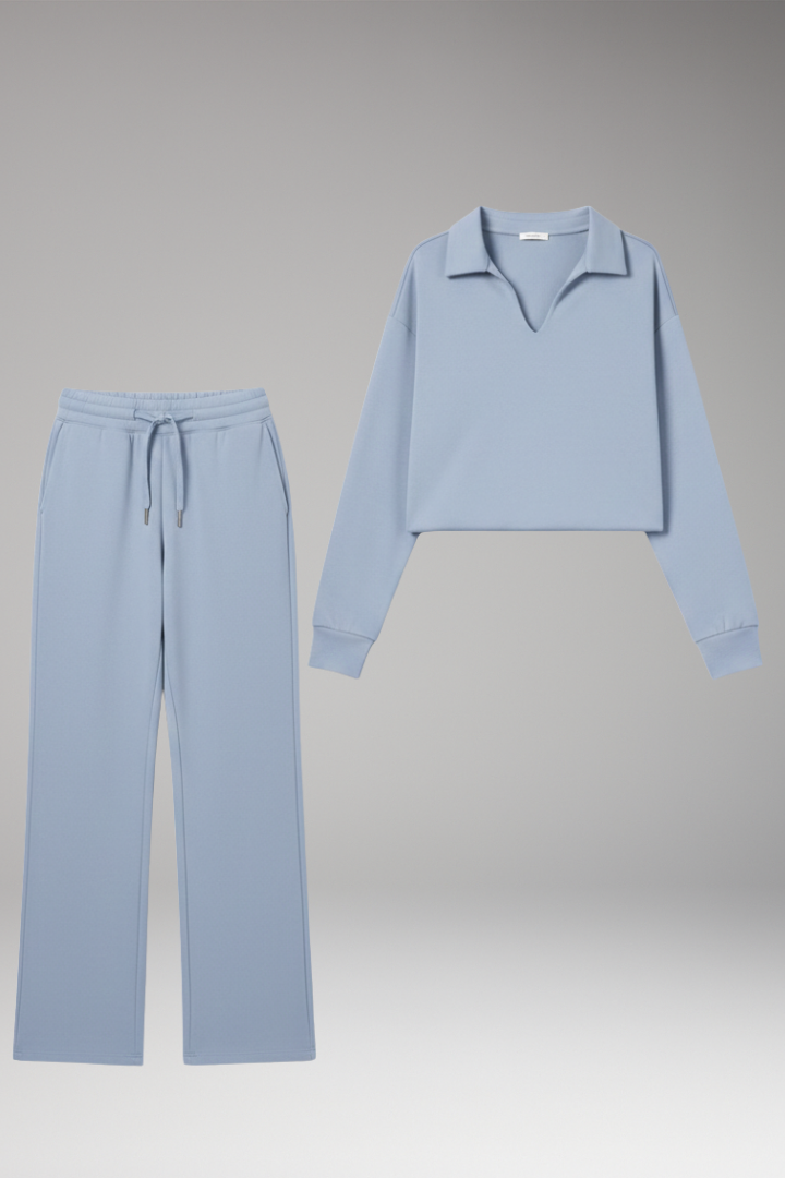 Women's Two-Piece Set with V-Neck Top and Straight-Leg Pants